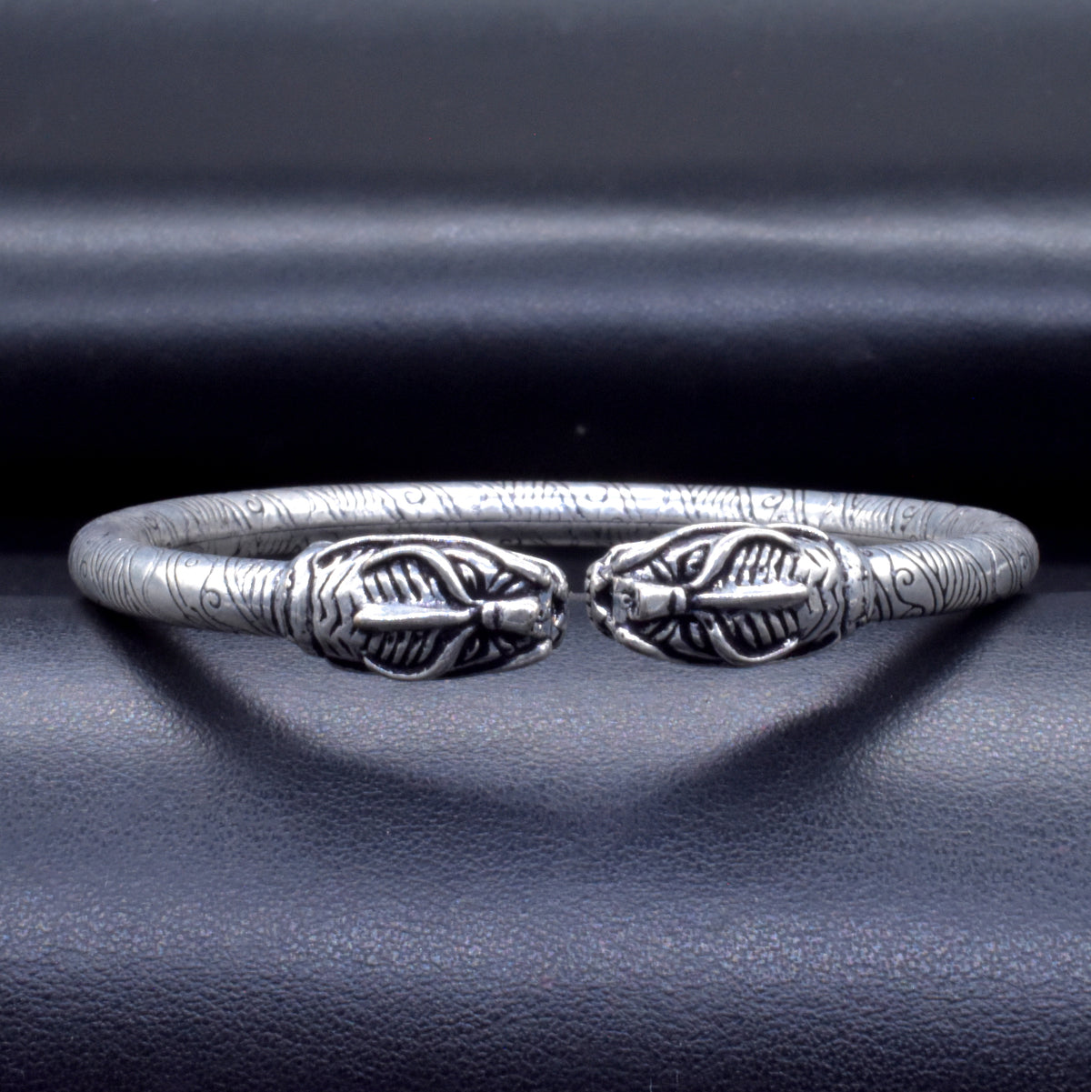Textured Silver Oxidised Plated Dragon Bangle Bracelet Open Kada BRC-4145