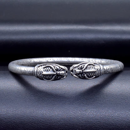 Textured Silver Oxidised Plated Dragon Bangle Bracelet Open Kada BRC-4145
