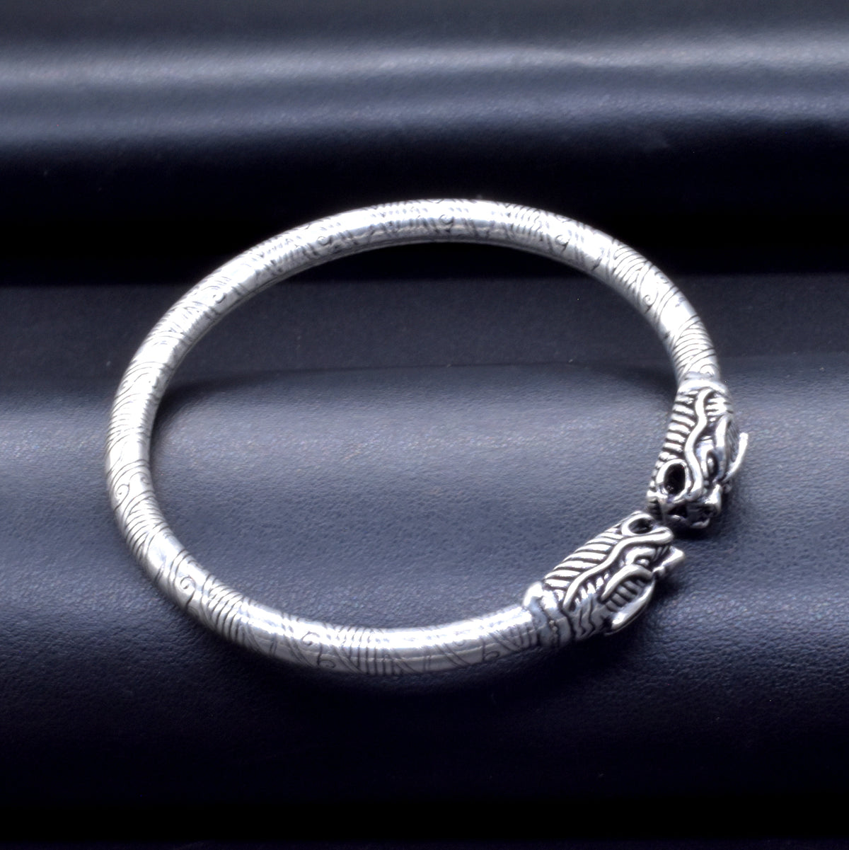 Textured Silver Oxidised Plated Dragon Bangle Bracelet Open Kada BRC-4145