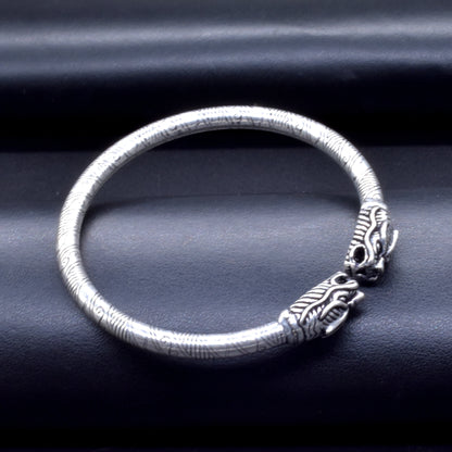 Textured Silver Oxidised Plated Dragon Bangle Bracelet Open Kada BRC-4145