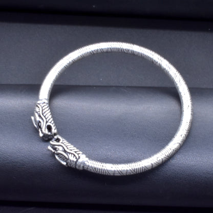 Textured Silver Oxidised Plated Dragon Bangle Bracelet Open Kada BRC-4145