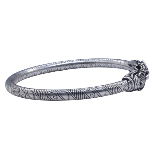 Textured Silver Oxidised Plated Dragon Bangle Bracelet Open Kada BRC-4145