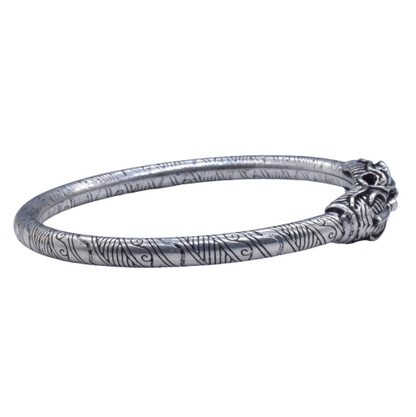 Textured Silver Oxidised Plated Dragon Bangle Bracelet Open Kada BRC-4145