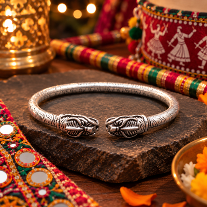 Textured Silver Oxidised Plated Dragon Bangle Bracelet Open Kada BRC-4145