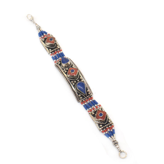 Gorgeous Red Coral Lapis Lazuli Gemstone Tibetan Jewelry Bracelet 7.5" BRC-4062