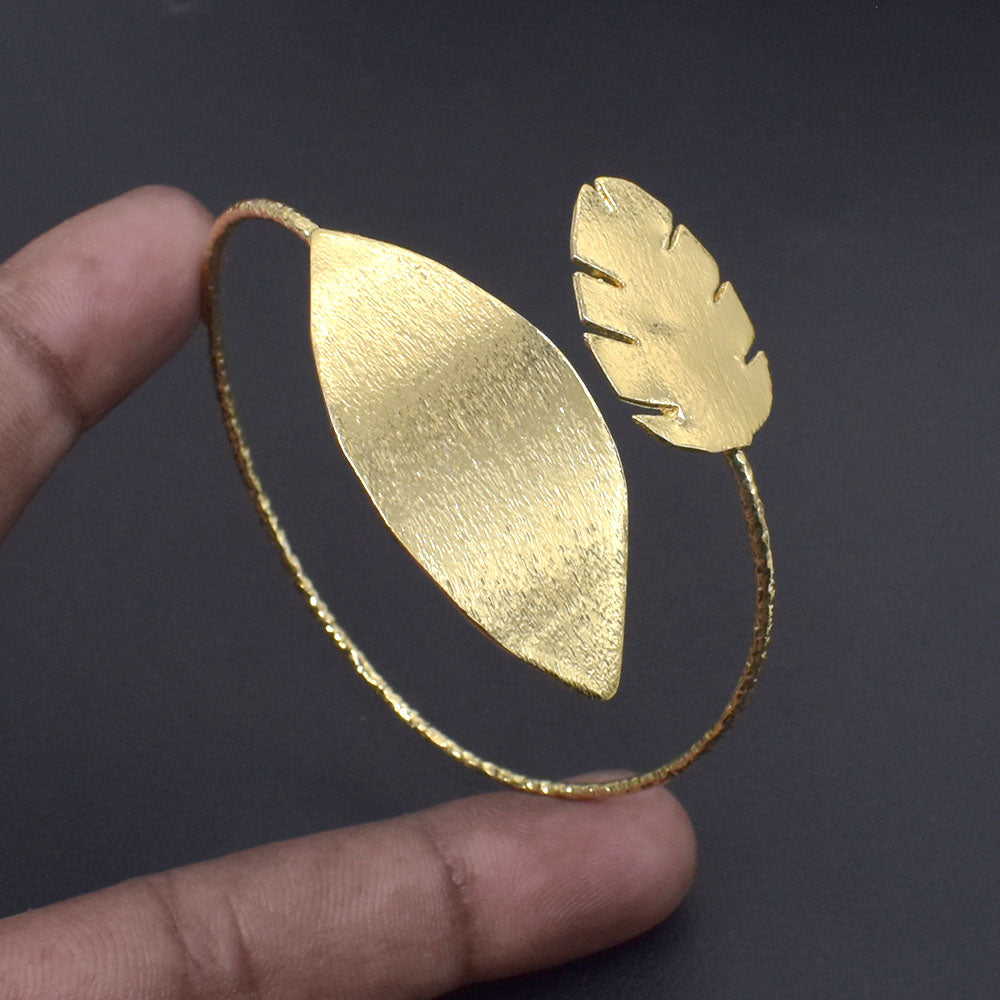 Handmade Gold Plated Leaf Cuff Bangle Adjustable Nature Inspired Open Cuff BRC-4850