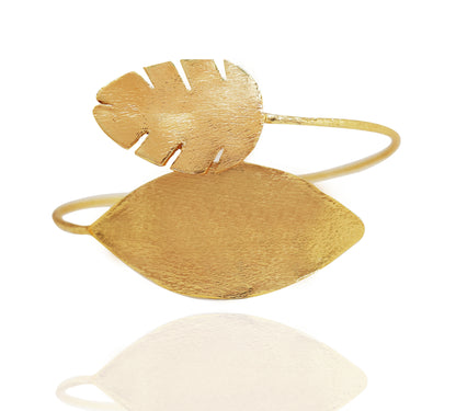 Handmade Gold Plated Leaf Cuff Bangle Adjustable Nature Inspired Open Cuff BRC-4850