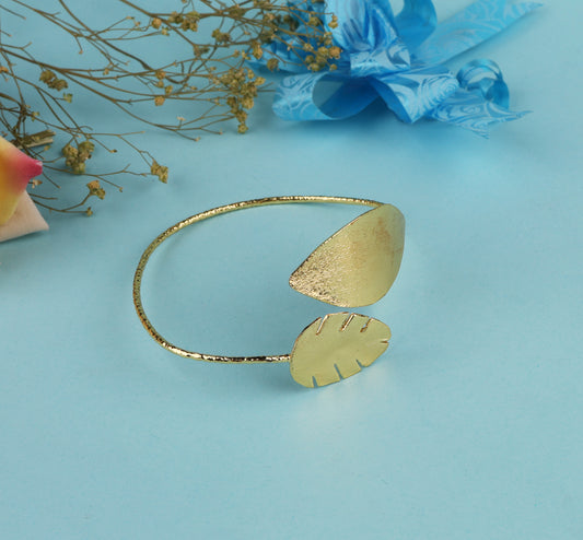 Handmade Gold Plated Leaf Cuff Bangle Adjustable Nature Inspired Open Cuff BRC-4850