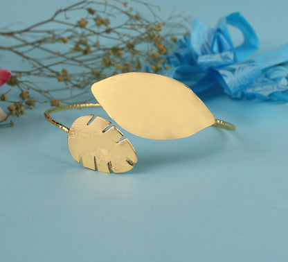 Handmade Gold Plated Leaf Cuff Bangle Adjustable Nature Inspired Open Cuff BRC-4850