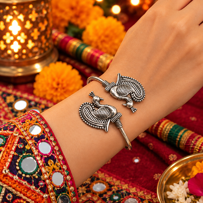 Oxidized Silver Peacock Cuff Bracelet, Indian Tribal Boho Jewelry BRC-4896