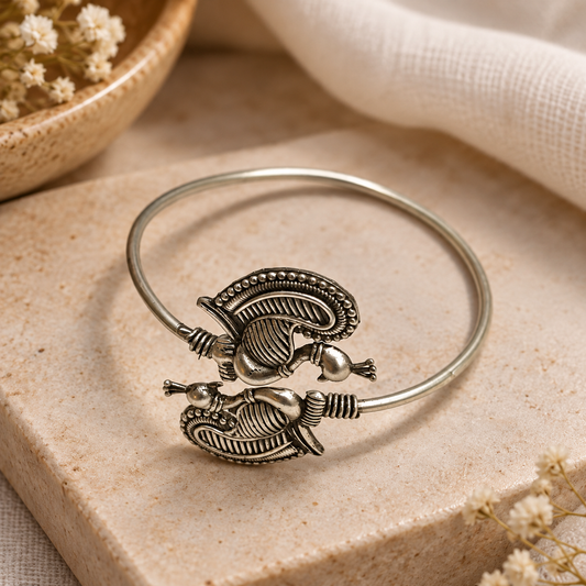 Oxidized Silver Peacock Cuff Bracelet, Indian Tribal Boho Jewelry BRC-4896