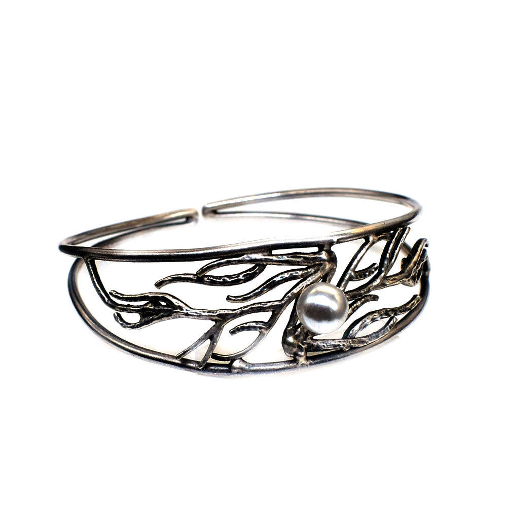 Pearl Antique Silver Bangle Vintage Women's Fashion Jewelry Gift For Her BRC-4902