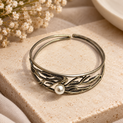 Pearl Antique Silver Bangle Vintage Women's Fashion Jewelry Gift For Her BRC-4902