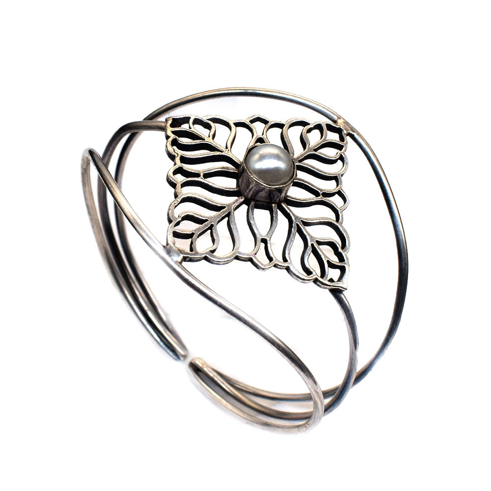 Floral Pearl Cuff Bracelet, Oxidized Silver Botanical Boho Jewelry BRC-4903