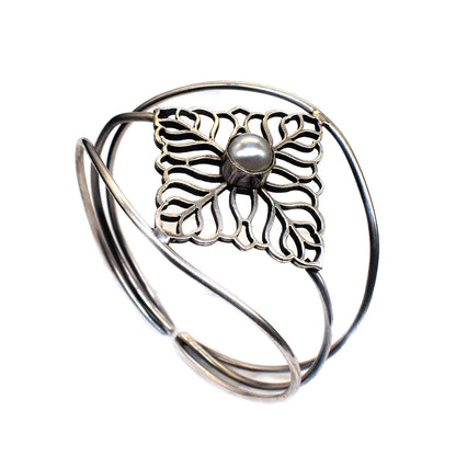 Floral Pearl Cuff Bracelet, Oxidized Silver Botanical Boho Jewelry BRC-4903