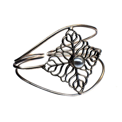 Floral Pearl Cuff Bracelet, Oxidized Silver Botanical Boho Jewelry BRC-4903