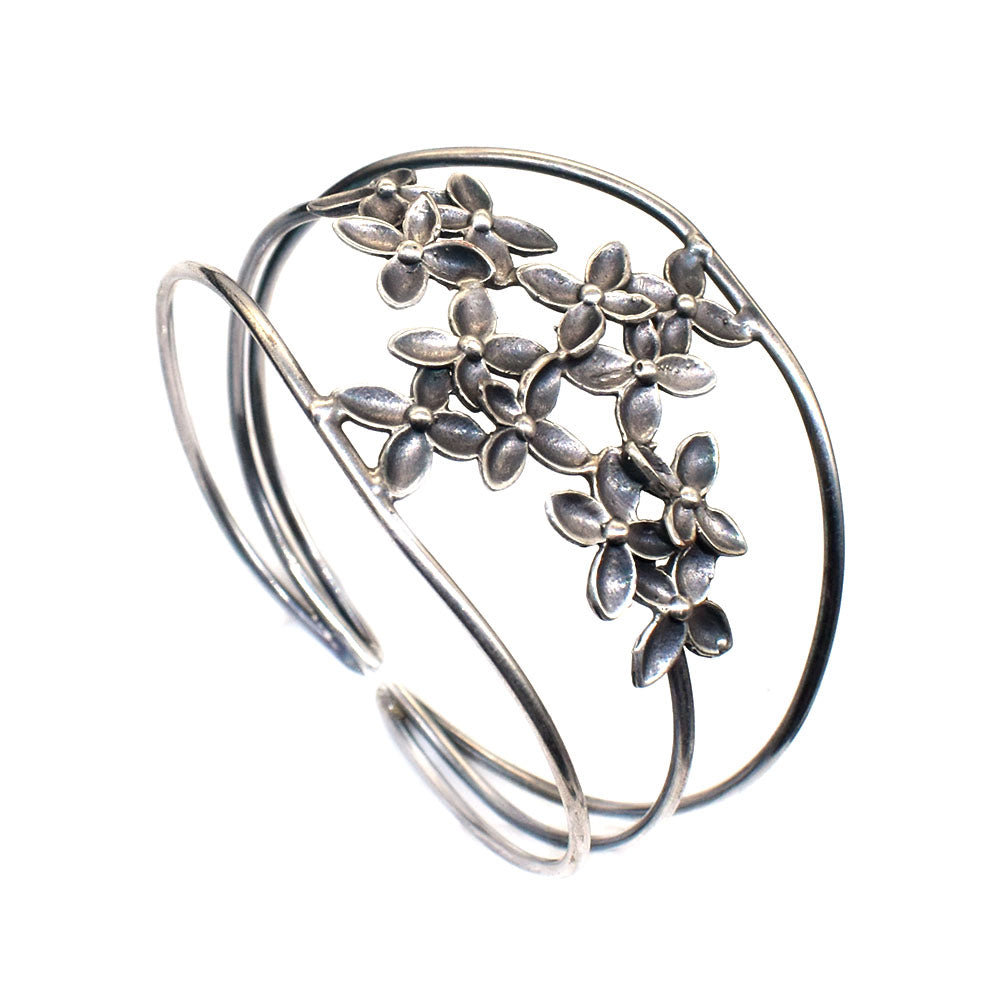 Floral Vine Cuff Bracelet, Oxidized Silver Botanical Boho Jewelry BRC-4905