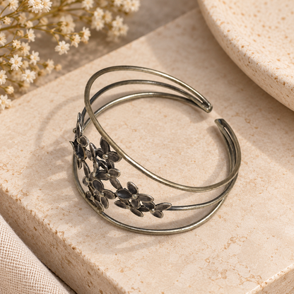 Floral Vine Cuff Bracelet, Oxidized Silver Botanical Boho Jewelry BRC-4905