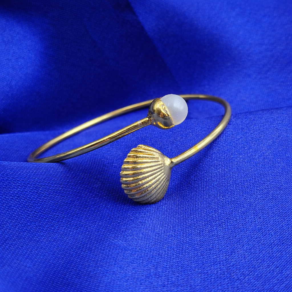 Elegant Gold Open Cuff Bracelet with Shell and Bead Accent Bangle for Women BSW08-GLD