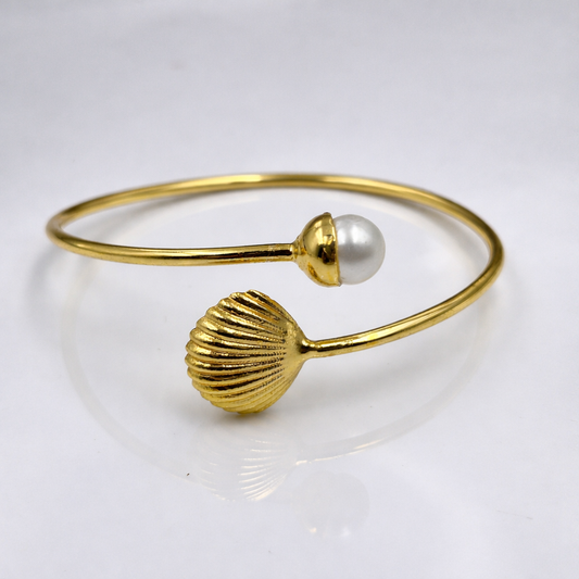 Elegant Gold Open Cuff Bracelet with Shell and Bead Accent Bangle for Women BSW08-GLD