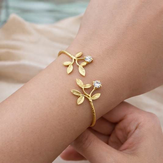 Elegant Gold Open Cuff Bracelet with Leaf Branch Design BSW11-GLD