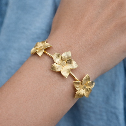 Elegant Gold Floral Open Cuff Bracelet Textured Flower Design Bangle BSW13-GLD