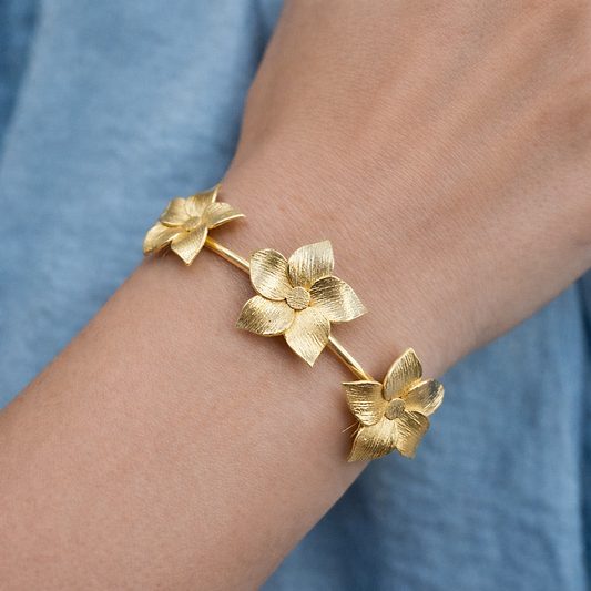 Elegant Gold Floral Open Cuff Bracelet Textured Flower Design Bangle BSW13-GLD