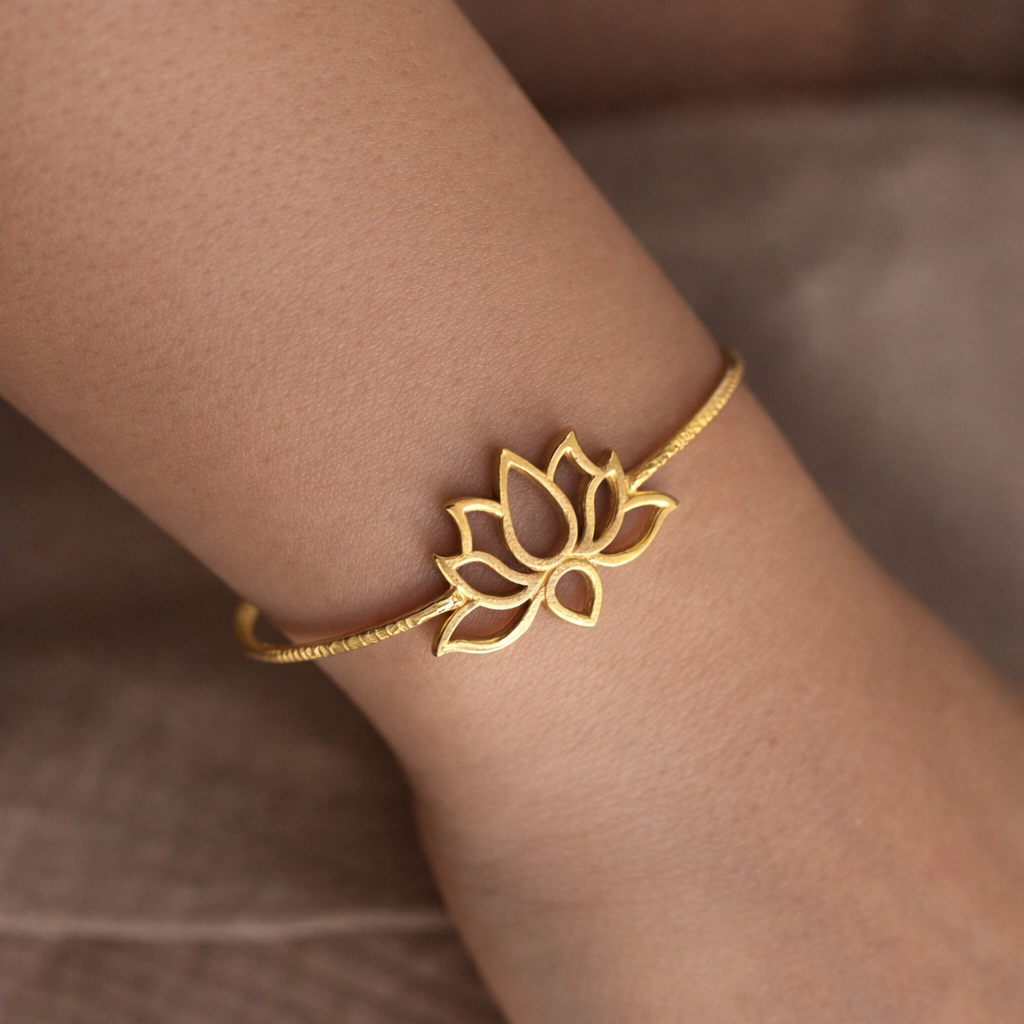 Elegant Gold Open Cuff Bracelet with Lotus Design Spiritual Inspired Bangle BSW15-GLD