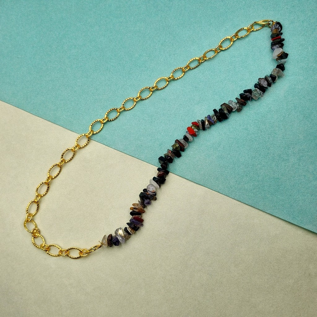 Gold Plated Link Chain Necklace Half Beaded Design Modern Elegant Fashion Jewelry CH02-GLD