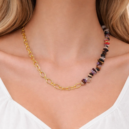 Gold Link Chain Necklace Half Beaded Design Modern Elegant Fashion Jewelry CH02-GLD
