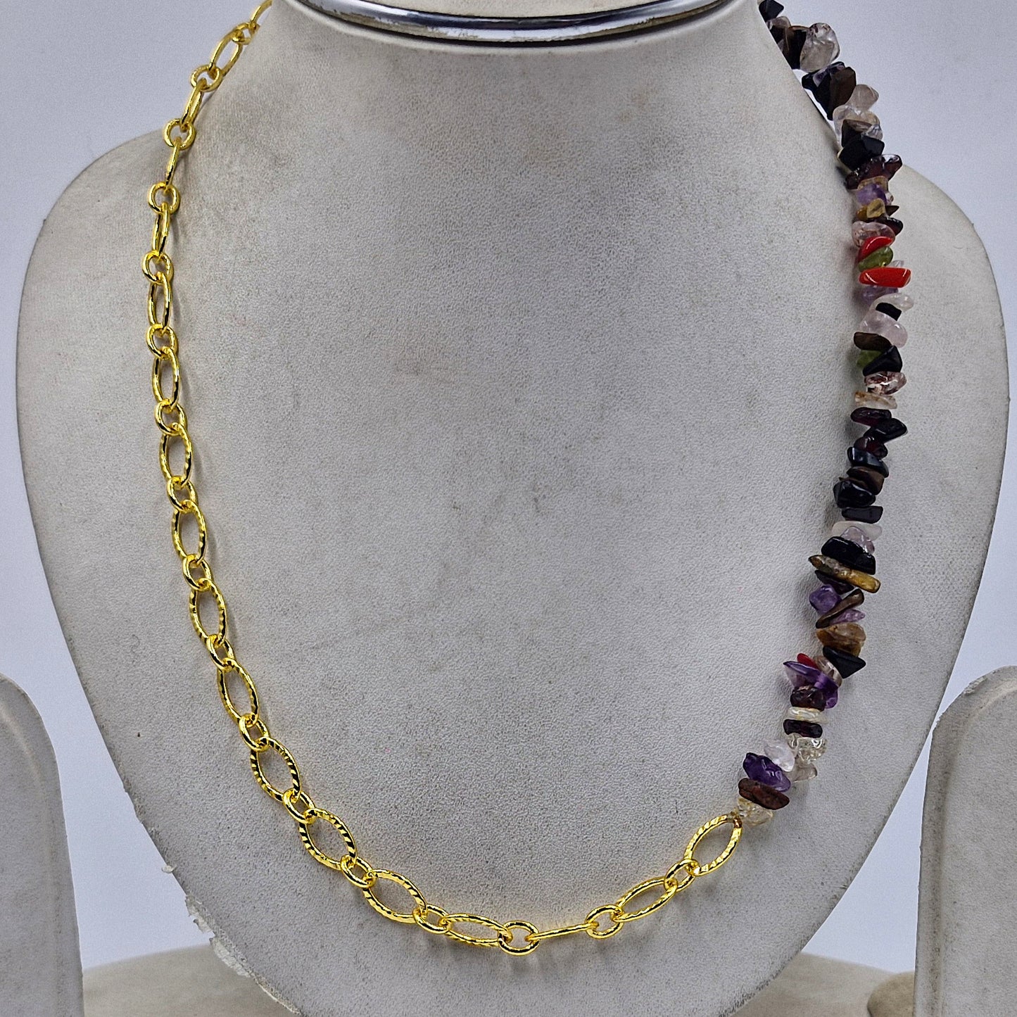 Gold Plated Link Chain Necklace Half Beaded Design Modern Elegant Fashion Jewelry CH02-GLD