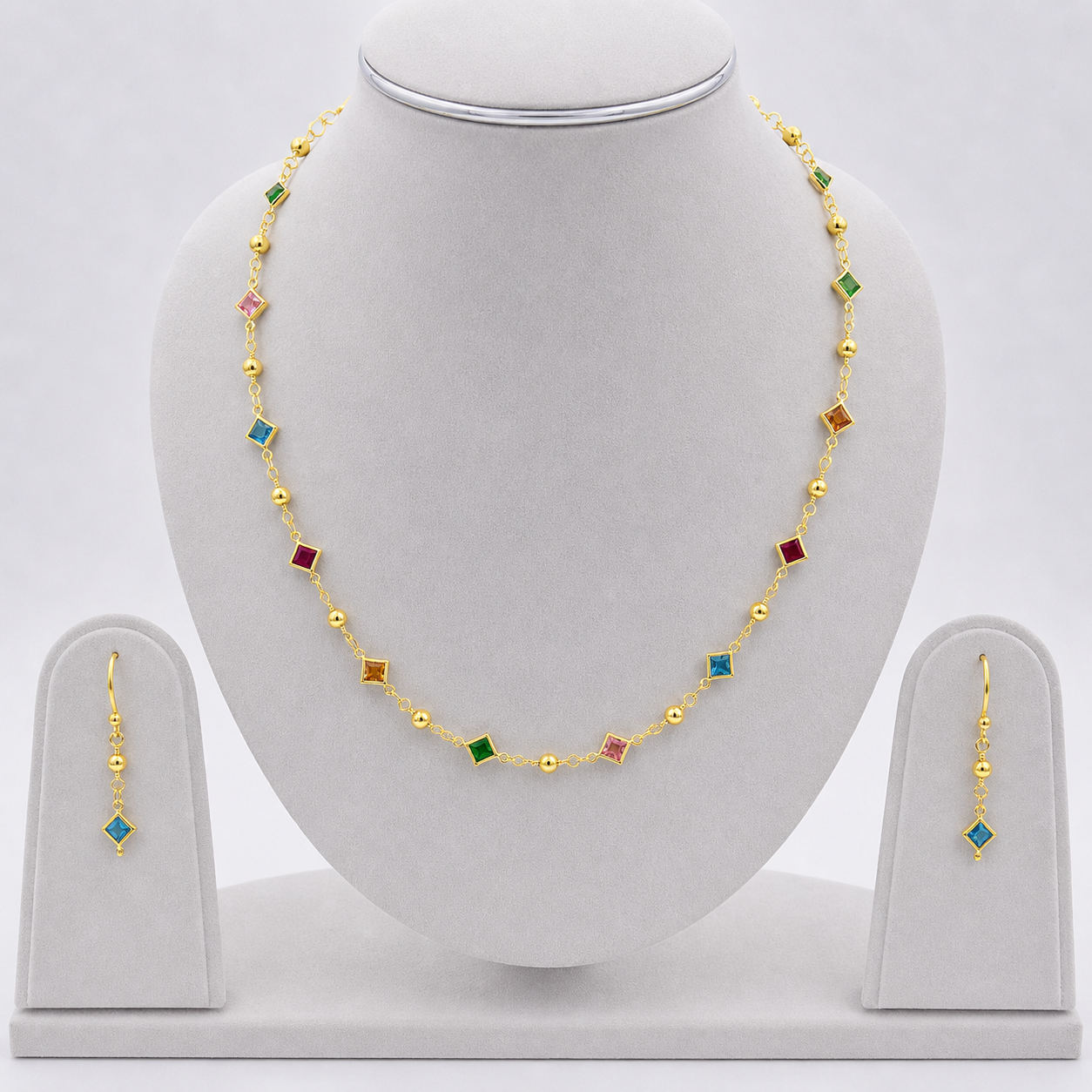Colorful Geometric Link Necklace & Drop Earrings Set for Women CHEAR01-GLD