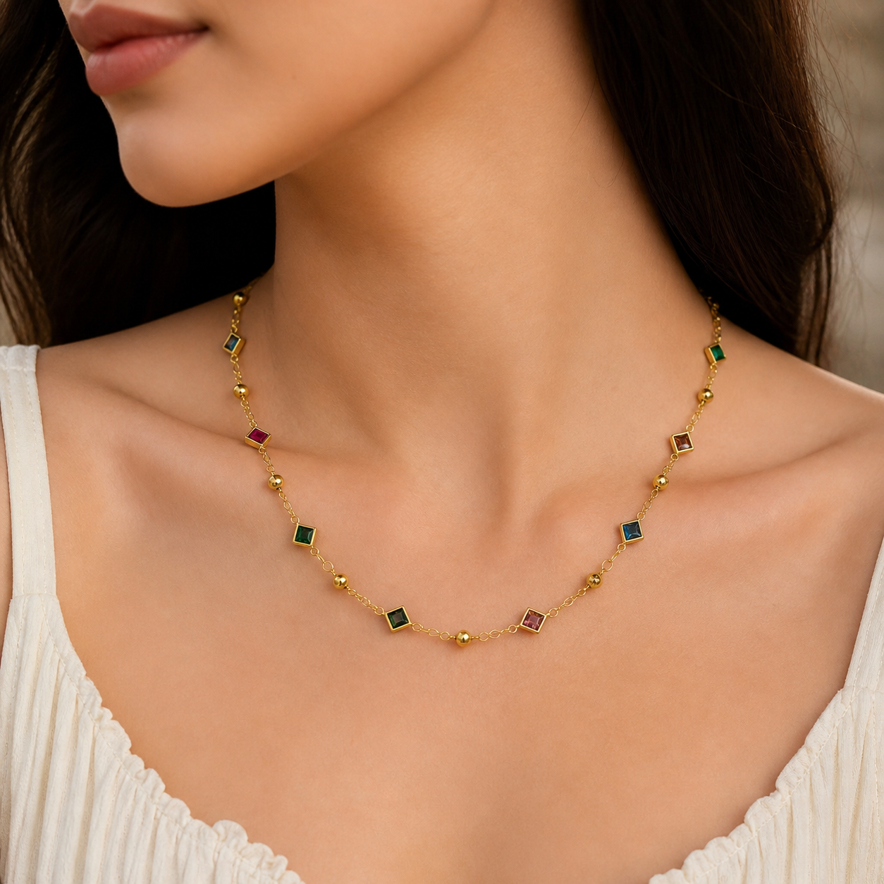 Colorful Geometric Link Necklace & Drop Earrings Set for Women CHEAR01-GLD