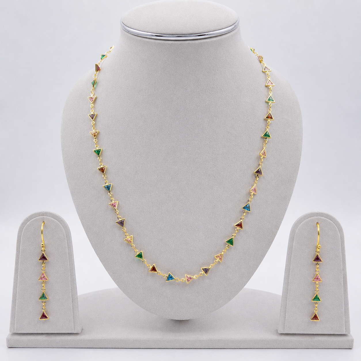 Colorful Triangle Link Necklace & Drop Earrings Set for Women CHEAR02-GLD