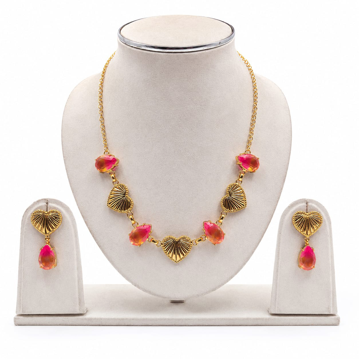 Gold Plated Heart Design Necklace & Earring Set Elegant Jewelry for Women