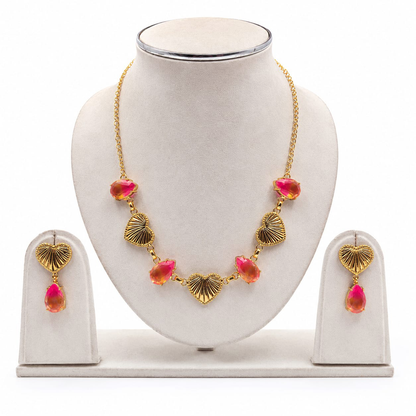 Gold Plated Heart Design Necklace & Earring Set Elegant Jewelry for Women
