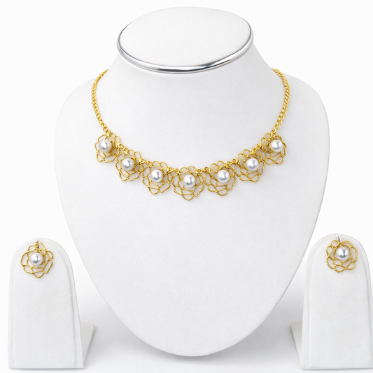 Gold Floral Necklace Set Elegant Pearl Design Statement Jewelry
