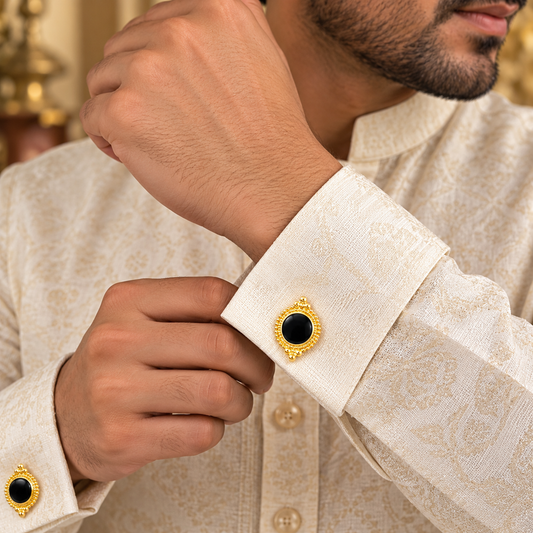 Black Enamel Gold Cufflinks Men's Ethnic Wedding Gift Indian Style CL-127