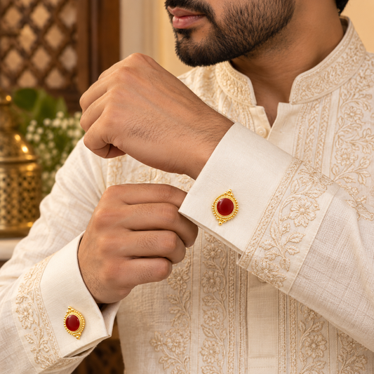 Red Enamel Gold Cufflinks Men's Ethnic Wedding Gift Indian Style CL-128