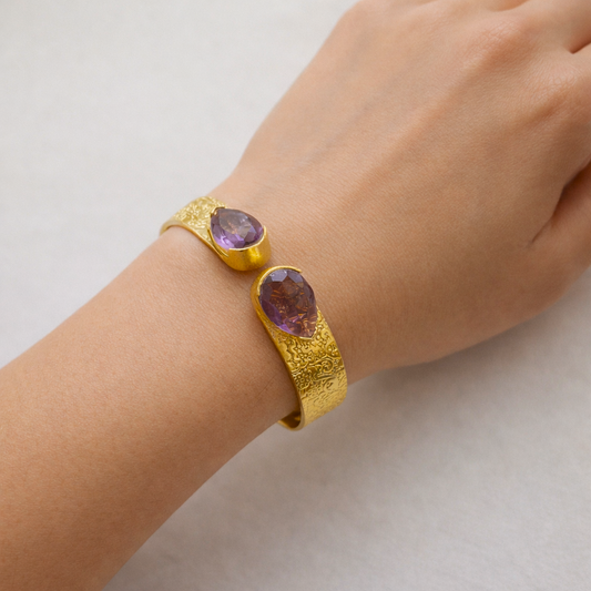 Elegant Gold Open Cuff Bracelet with Dual Oval Accent Textured Band CUF02-GLD