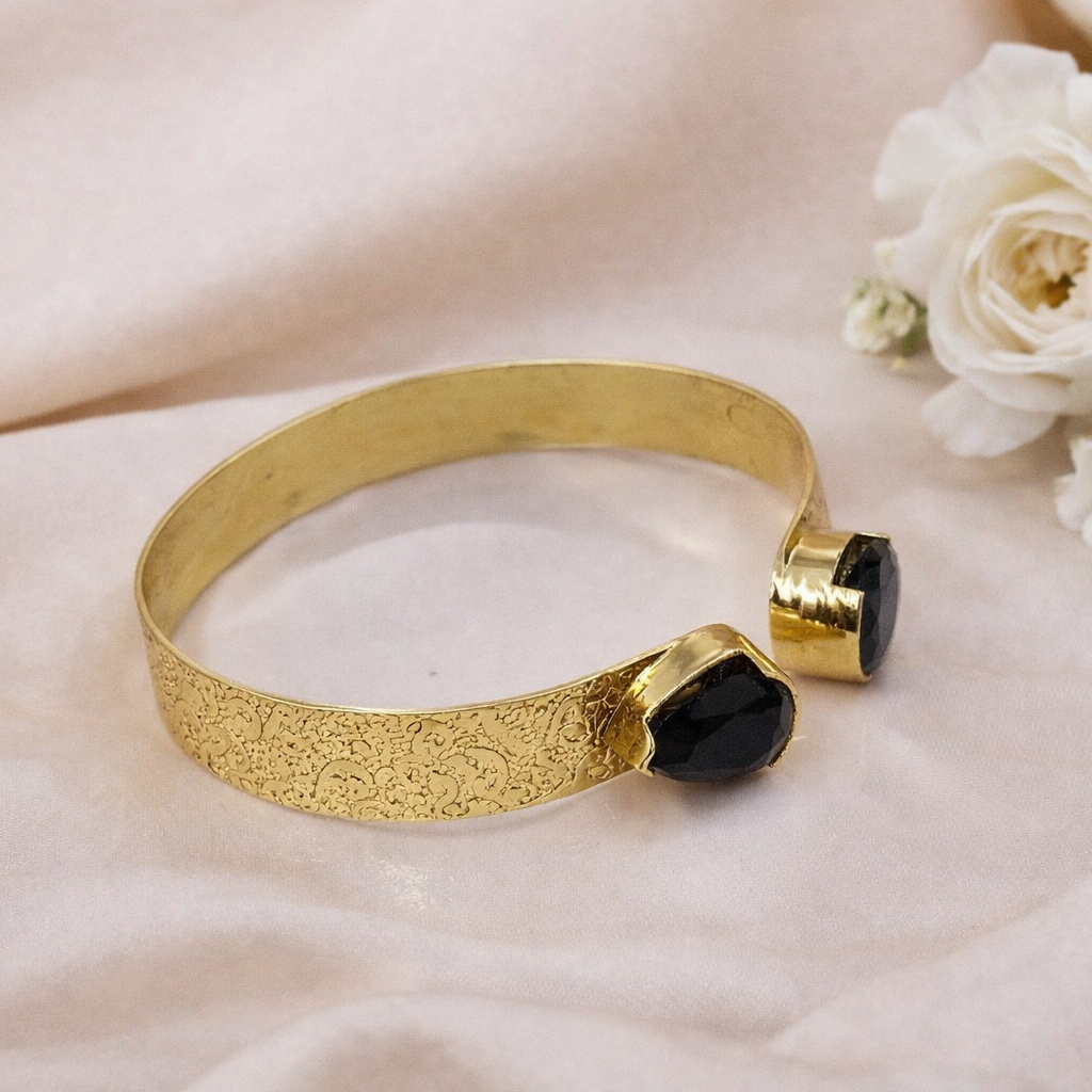 Elegant Gold Open Cuff Bracelet with Dual Oval Accent Textured Band CUF02-GLD