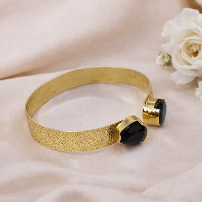 Elegant Gold Open Cuff Bracelet with Dual Oval Accent Textured Band CUF02-GLD