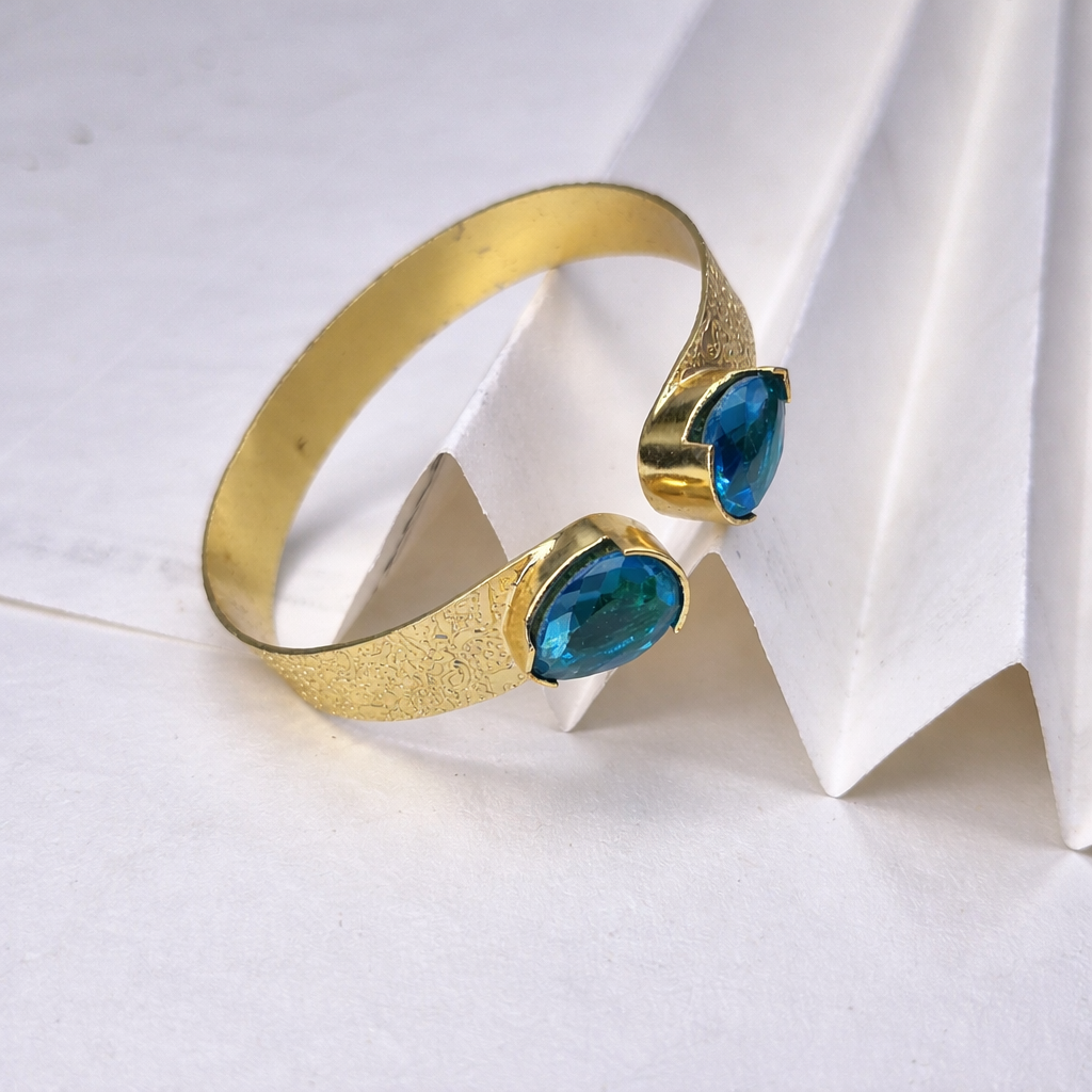 Elegant Gold Open Cuff Bracelet with Dual Oval Accent Textured Band CUF02-GLD