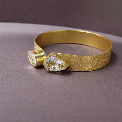 Elegant Gold Open Cuff Bracelet with Dual Oval Accent Textured Band CUF02-GLD