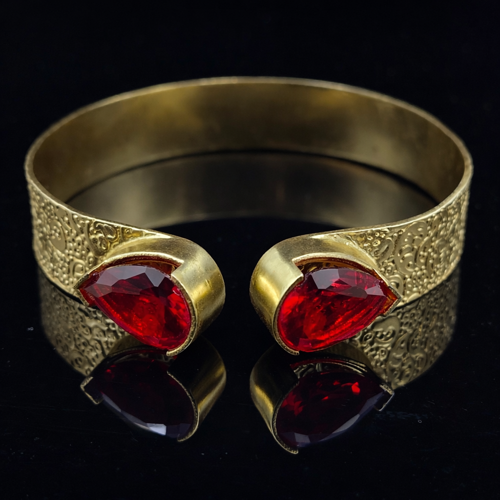 Elegant Gold Open Cuff Bracelet with Dual Oval Accent Textured Band CUF02-GLD