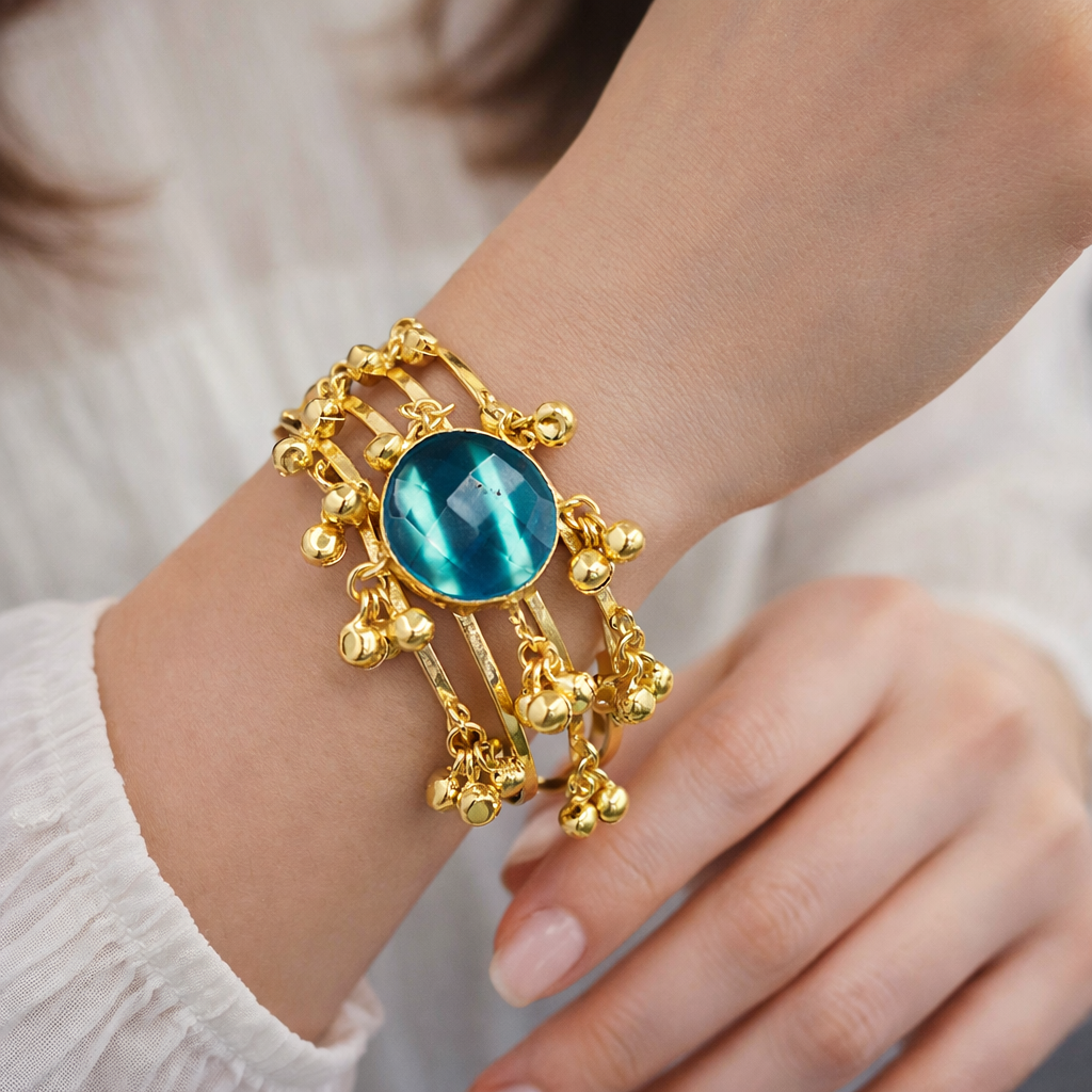 Luxury Gold Statement Bracelet with Dangling Bead and Centerpiece Design CUF04-GLD