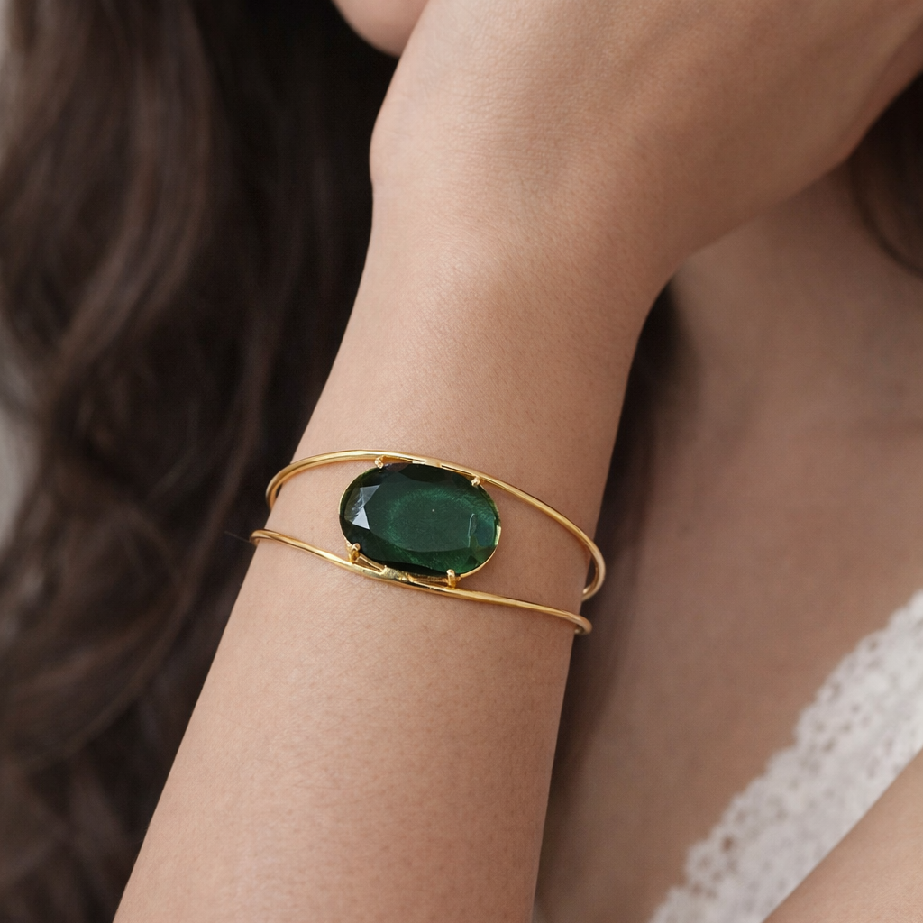 Elegant Gold Open Cuff Bracelet with Oval Shaped Centerpiece Minimal Bangle CUF05-GLD