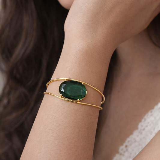 Elegant Gold Open Cuff Bracelet with Oval Shaped Centerpiece Minimal Bangle CUF05-GLD