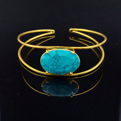 Elegant Gold Open Cuff Bracelet with Oval Shaped Centerpiece Minimal Bangle CUF05-GLD