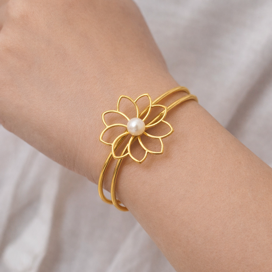 Elegant Gold Floral Cuff Bracelet | Minimalist Adjustable Open Bangle CUF08-GLD